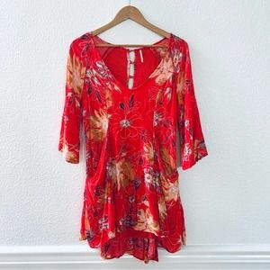 Free People 3/4 sleeves floral red tunic top size 0